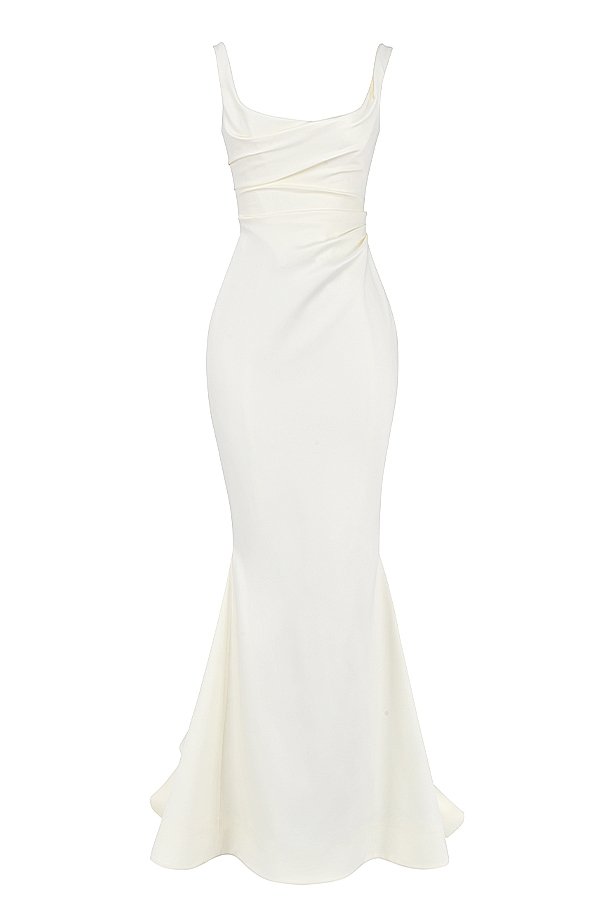 off-white satin sjöjungfru brudklänning