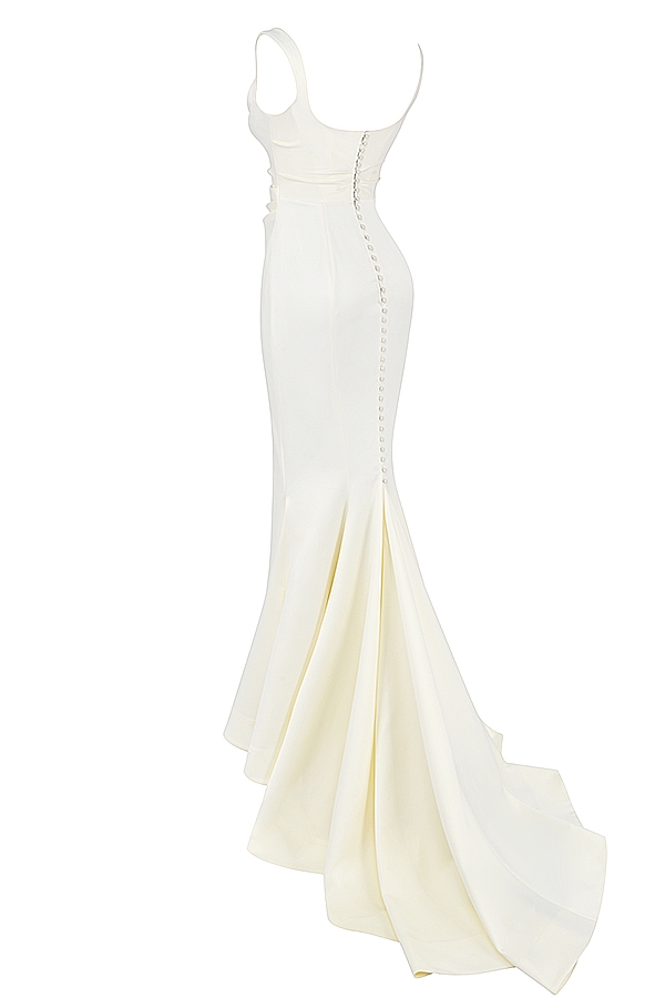 off-white satin sjöjungfru brudklänning