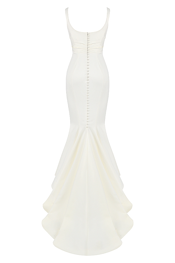 off-white satin sjöjungfru brudklänning