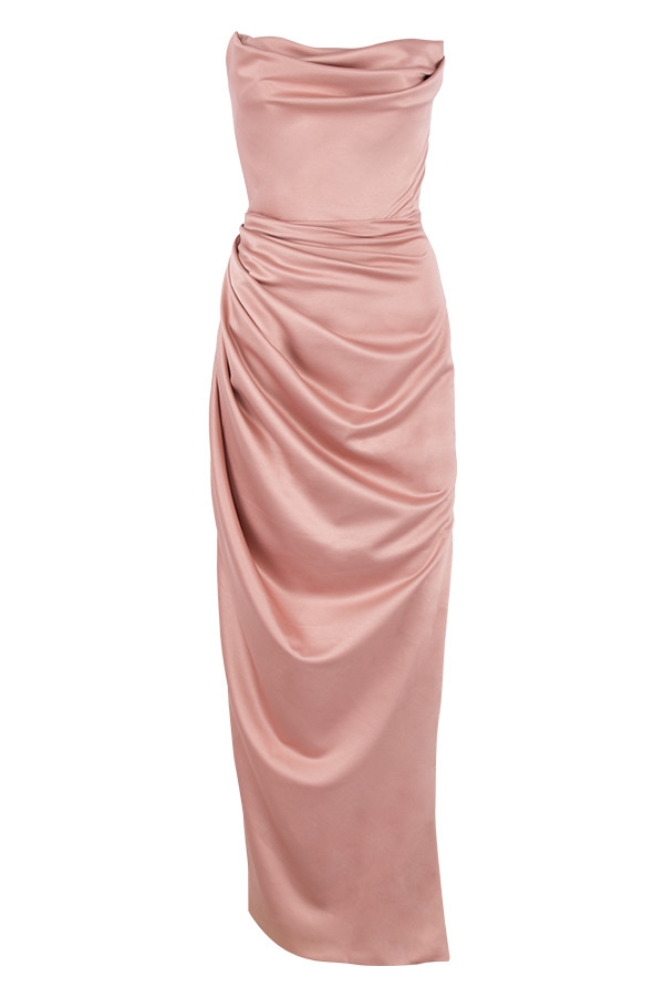 blush satin axelbandslös klänning