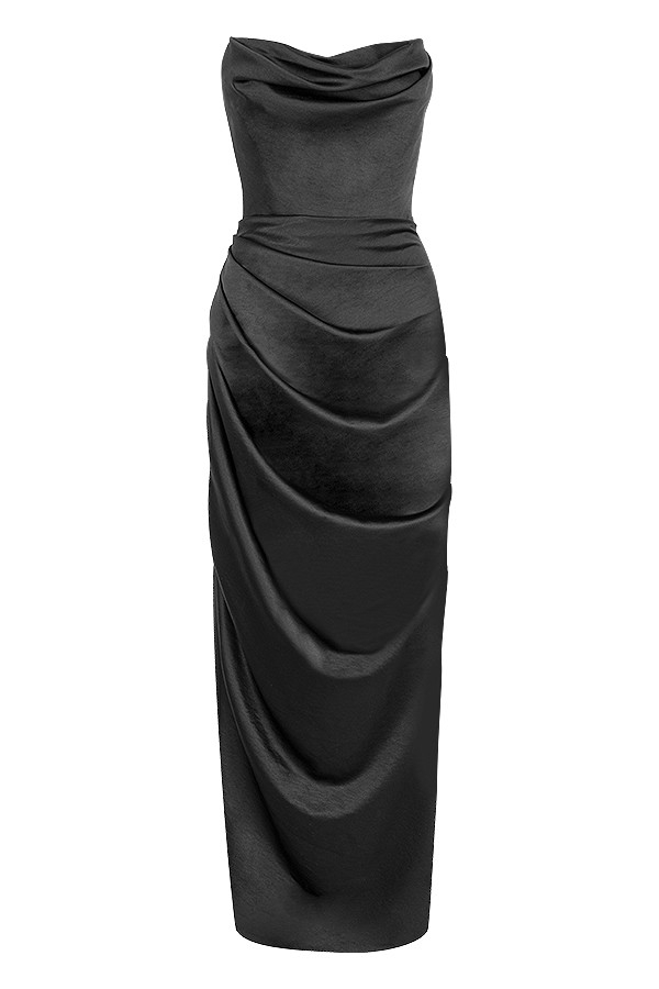 svart satin axelbandslös korsett maxi