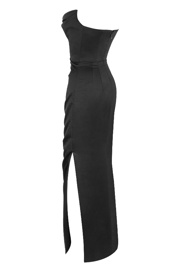 svart satin axelbandslös korsett maxi
