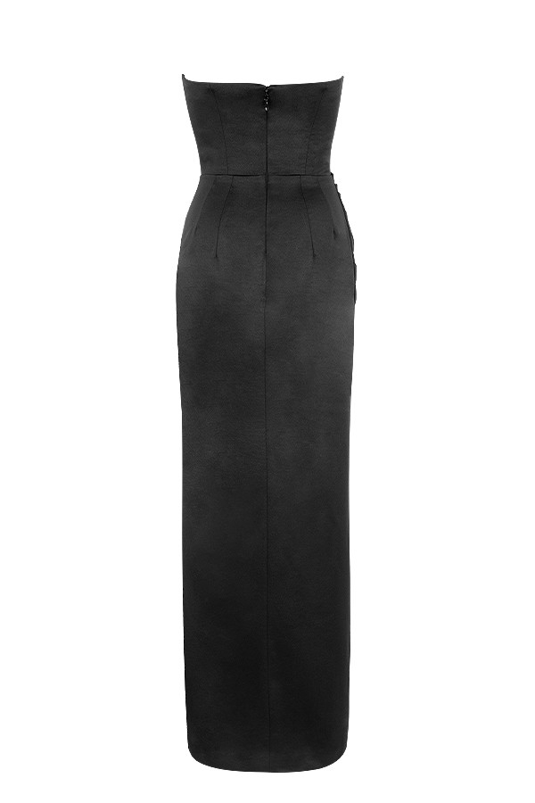 svart satin axelbandslös korsett maxi