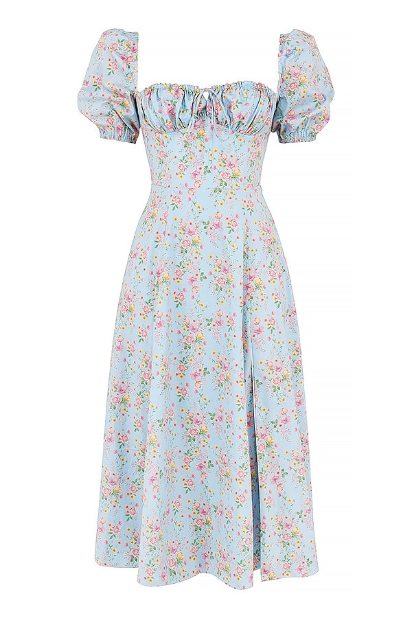blå midiklänning med puffärmar och blommig vintagemotiv
