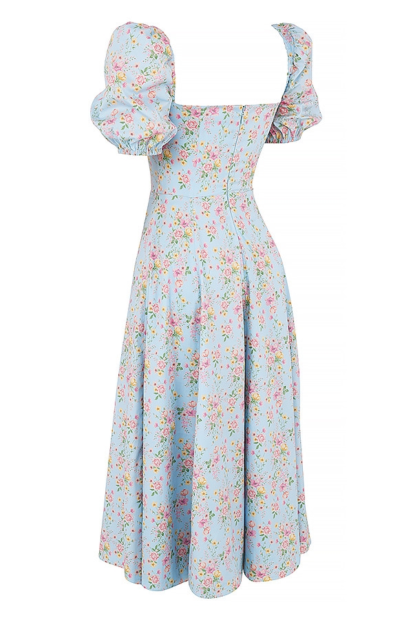 blå midiklänning med puffärmar och blommig vintagemotiv