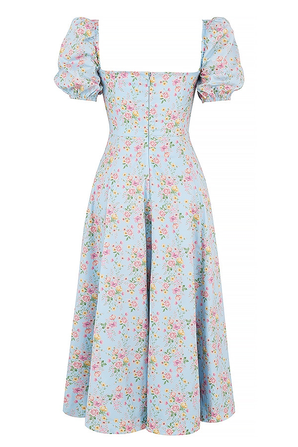 blå midiklänning med puffärmar och blommig vintagemotiv