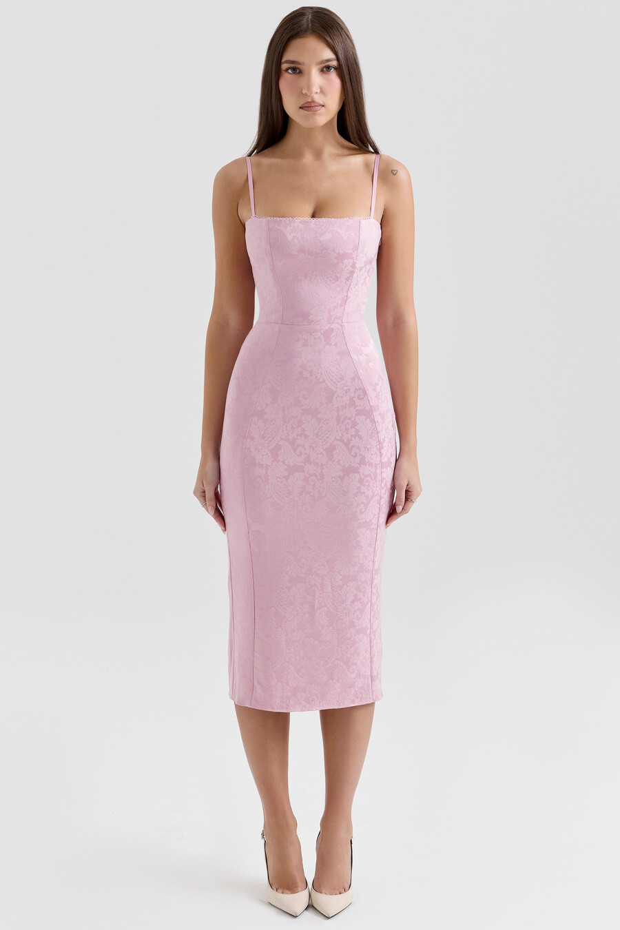 rosa jacquard spetsad bodycon midiklänning