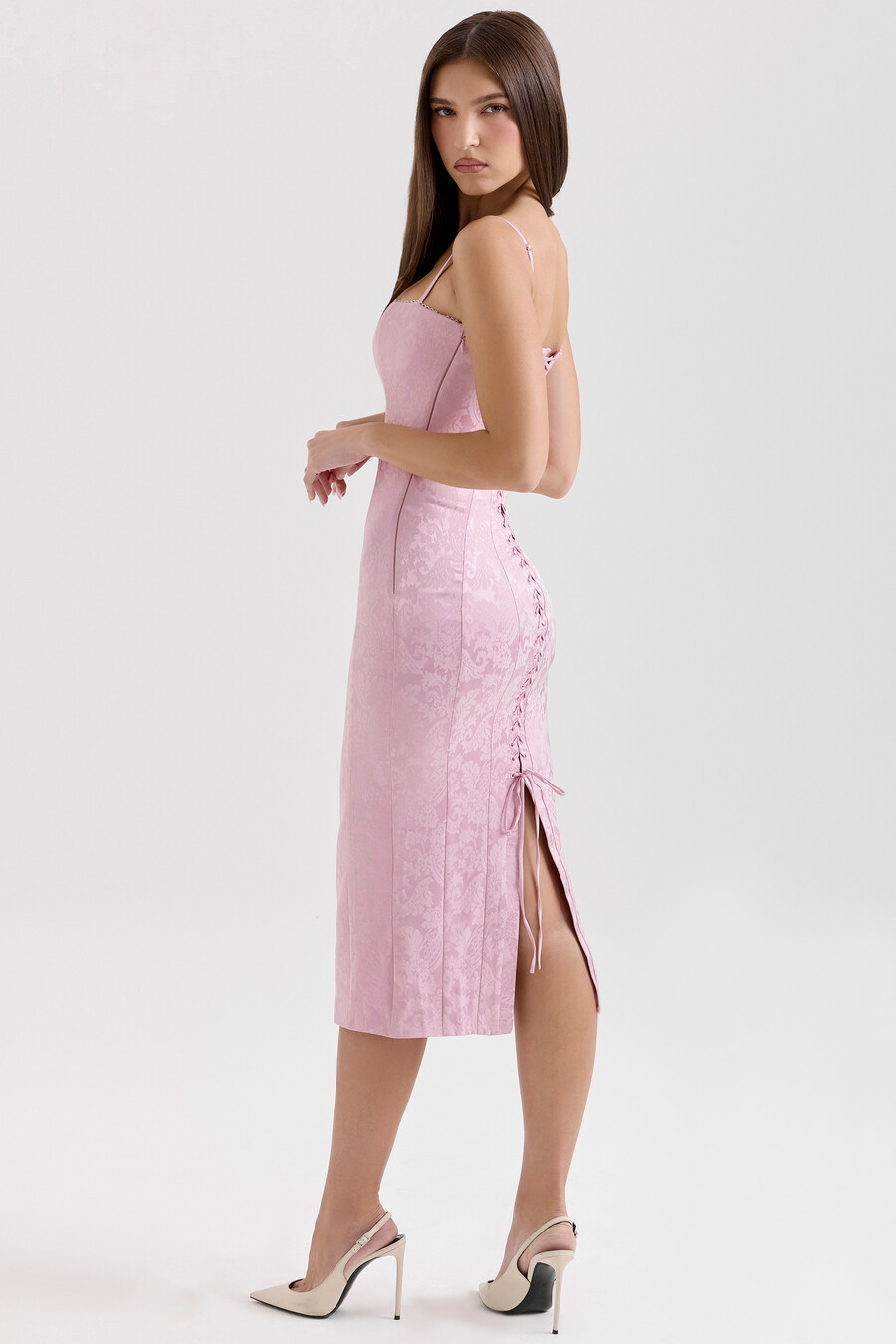 rosa jacquard spetsad bodycon midiklänning