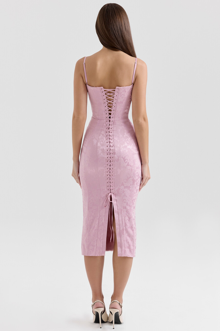 rosa jacquard spetsad bodycon midiklänning
