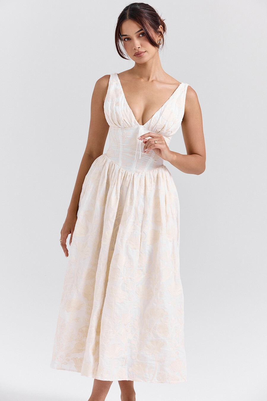 vintage elfenbensvit blommig broderad korsettklänning