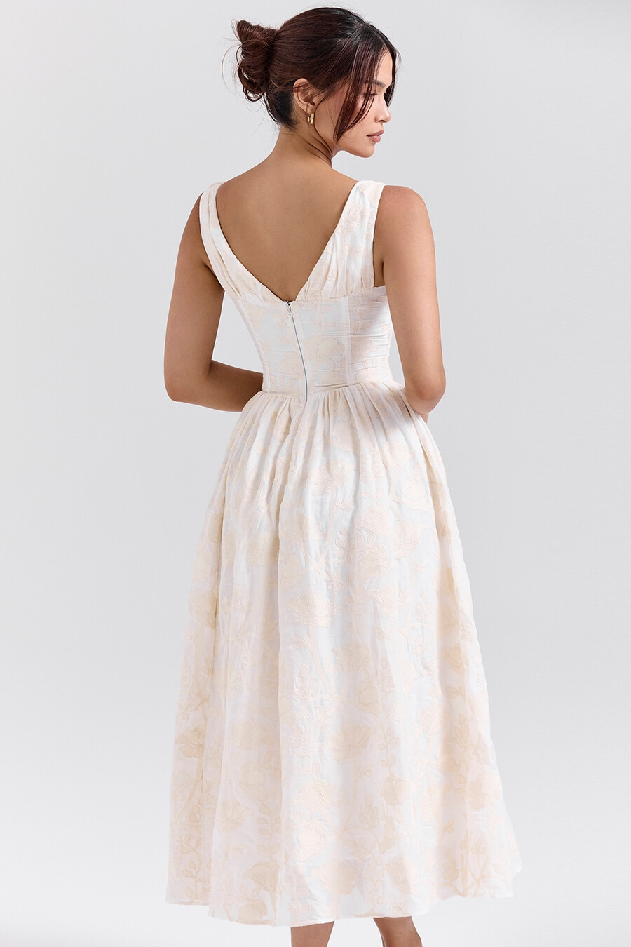 vintage elfenbensvit blommig broderad korsettklänning