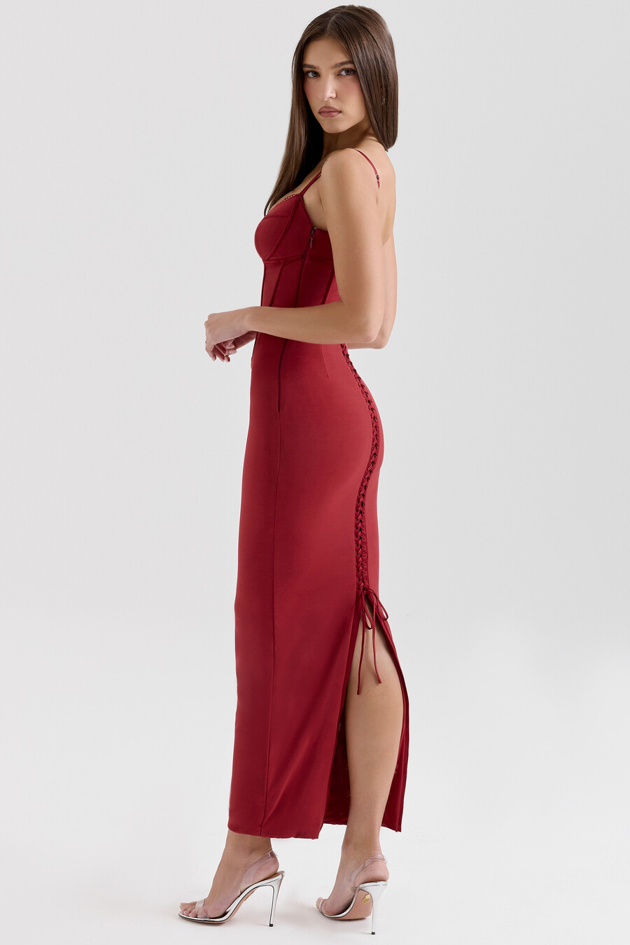 vinröd mesh bodycon maxiklänning