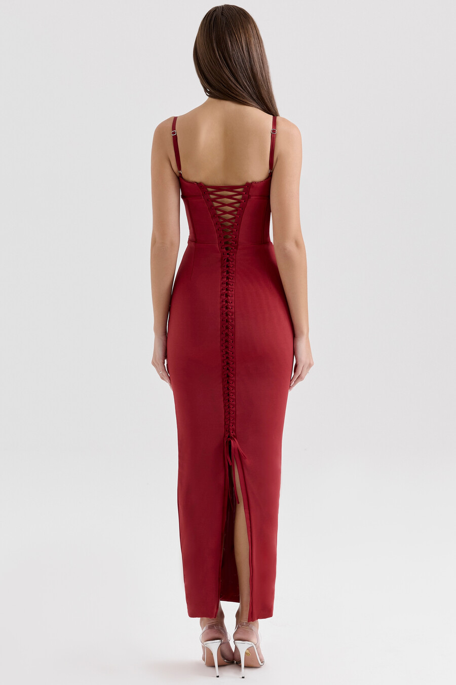 vinröd mesh bodycon maxiklänning