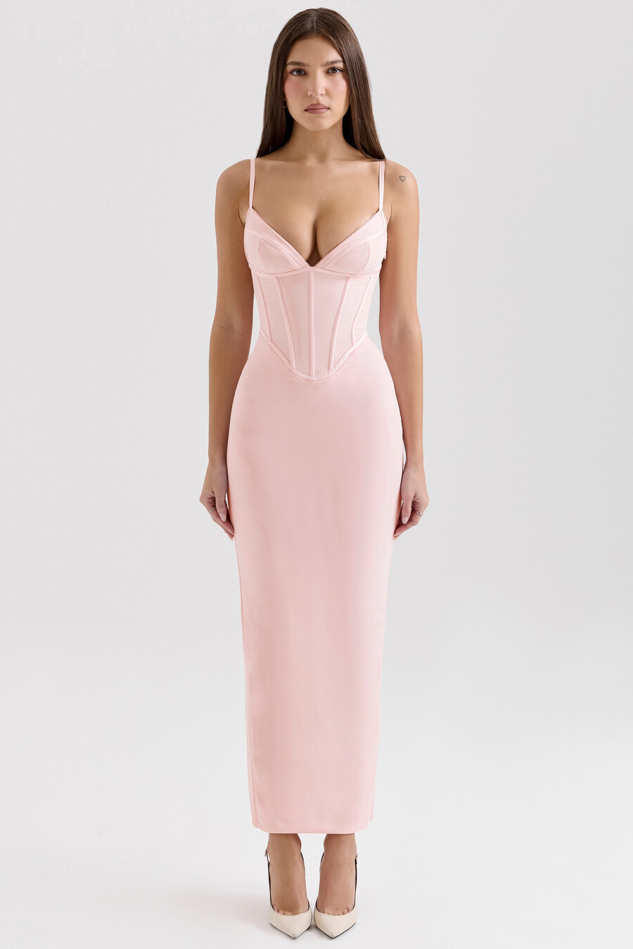 rosa maxiklänning i mesh med bodycon-detaljer