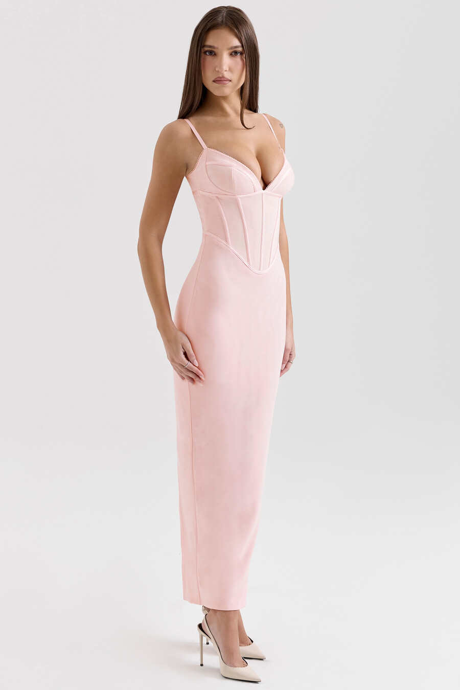 rosa maxiklänning i mesh med bodycon-detaljer