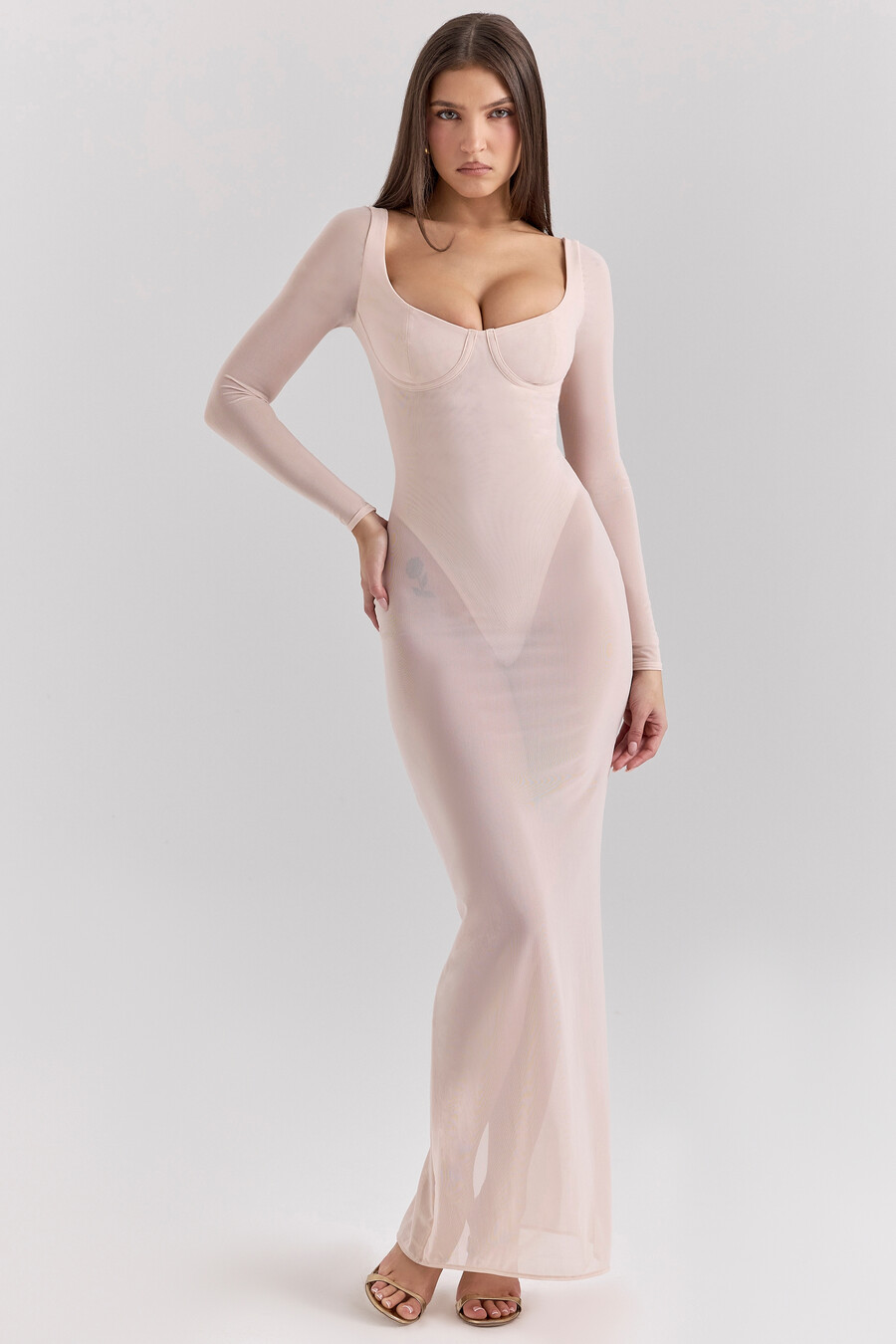 blush mesh maxiklänning med bodysuit