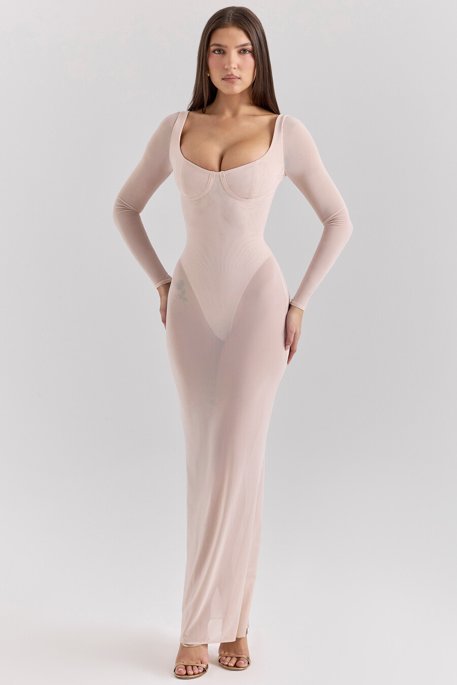 blush mesh maxiklänning med bodysuit