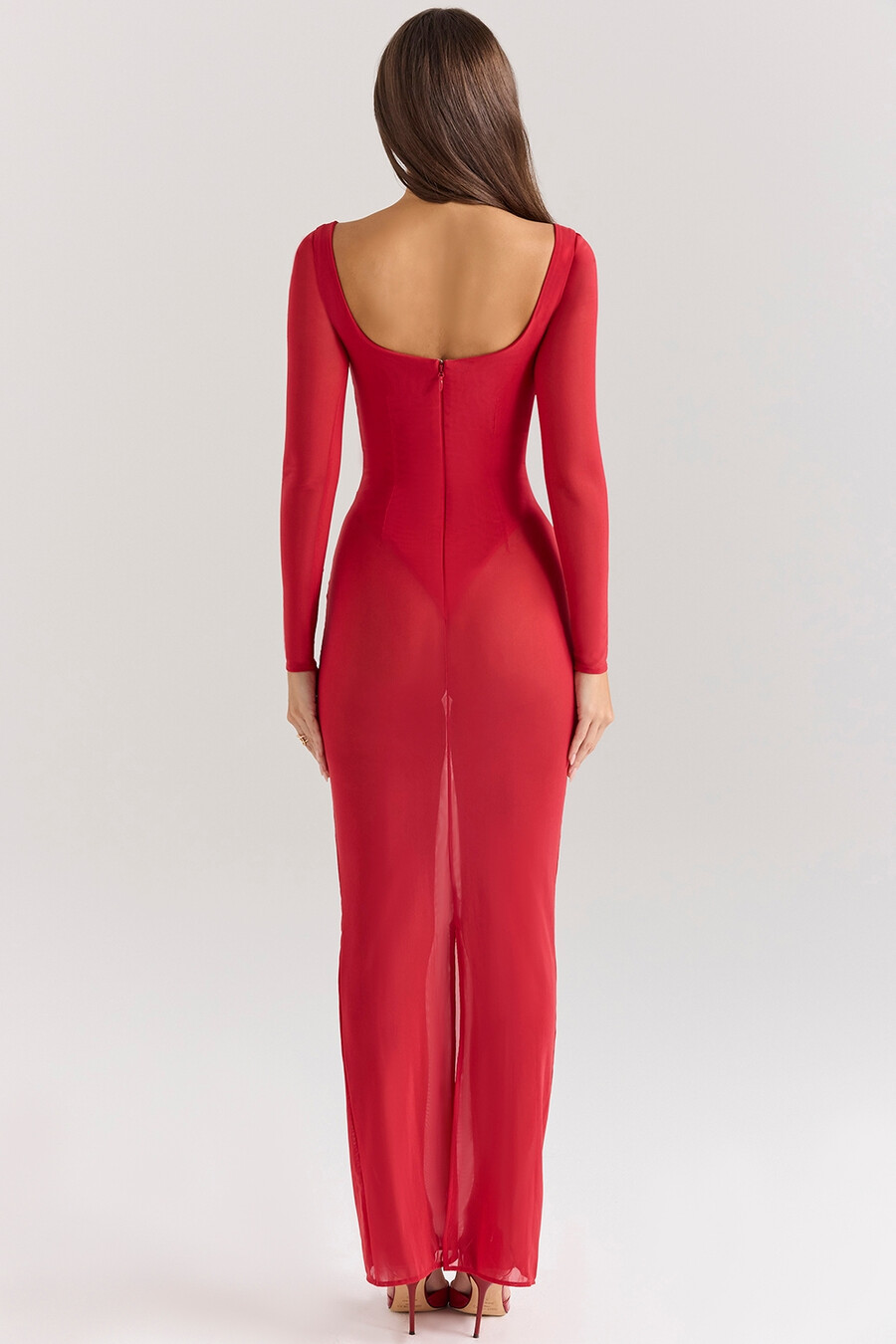 röd maxiklänning i mesh med bodysuit