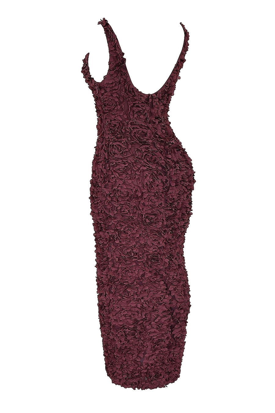 merlot maxiklänning med djup urringning och blomapplikation