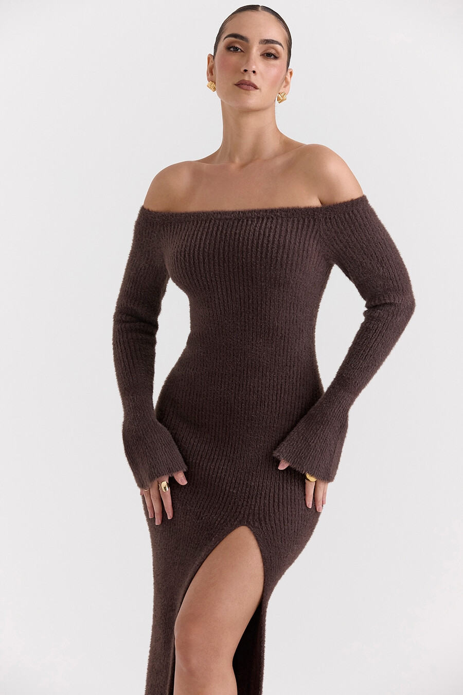 espresso stickad off shoulder klänning