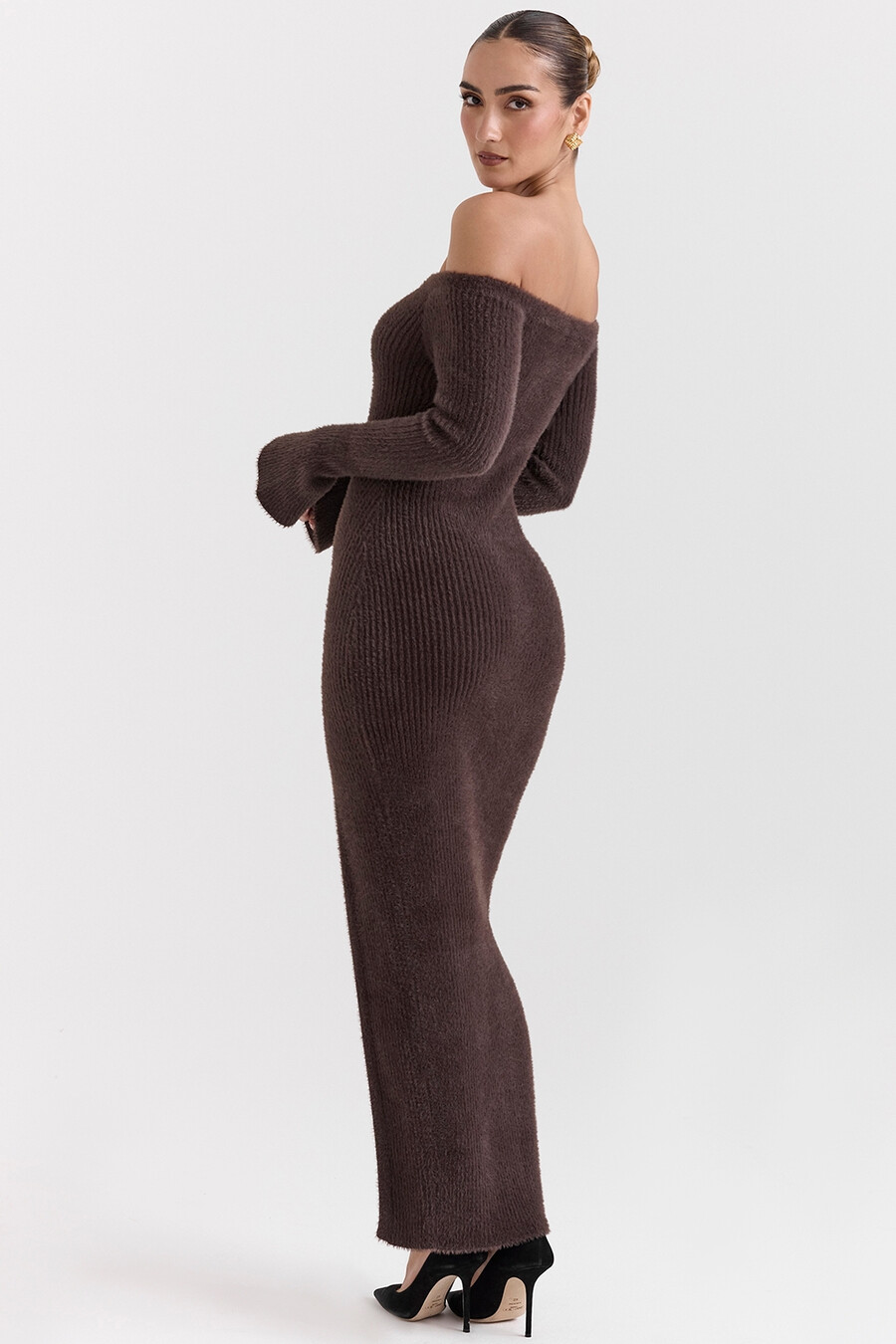 espresso stickad off shoulder klänning