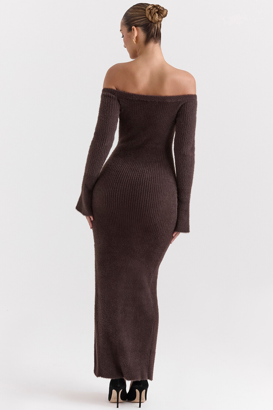 espresso stickad off shoulder klänning