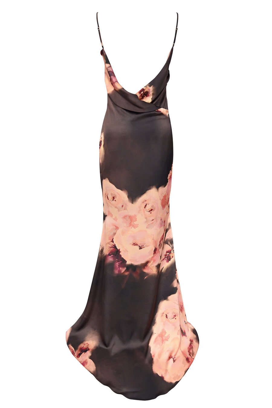 mörkbrun blommig maxiklänning i satin