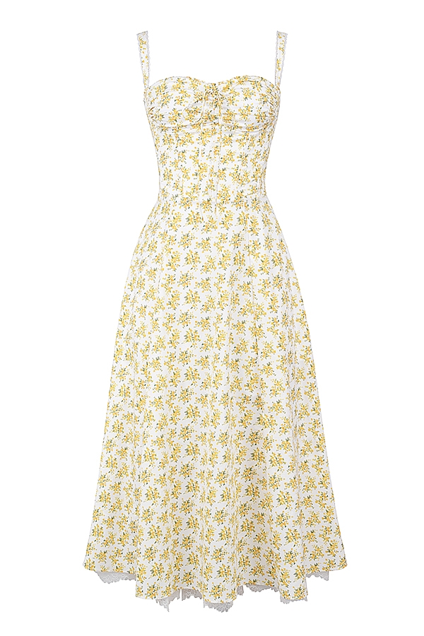 vit sommarklänning med bustier i bomull och blommönster i vintage-stil