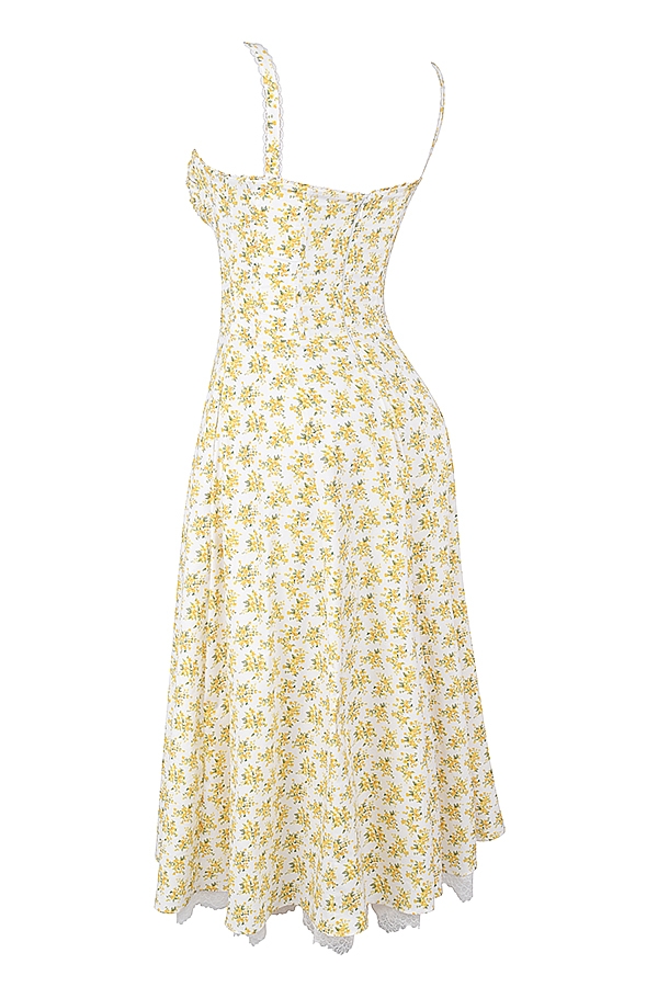 vit sommarklänning med bustier i bomull och blommönster i vintage-stil