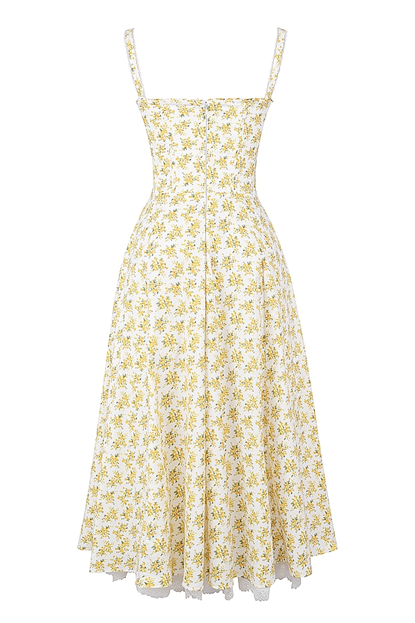 vit sommarklänning med bustier i bomull och blommönster i vintage-stil