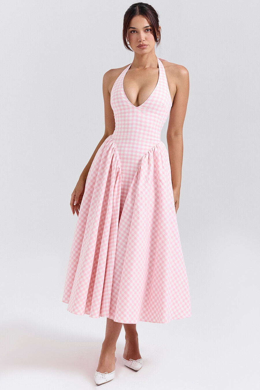 jordgubbs-shortcake gingham halter midi-sommarklänning