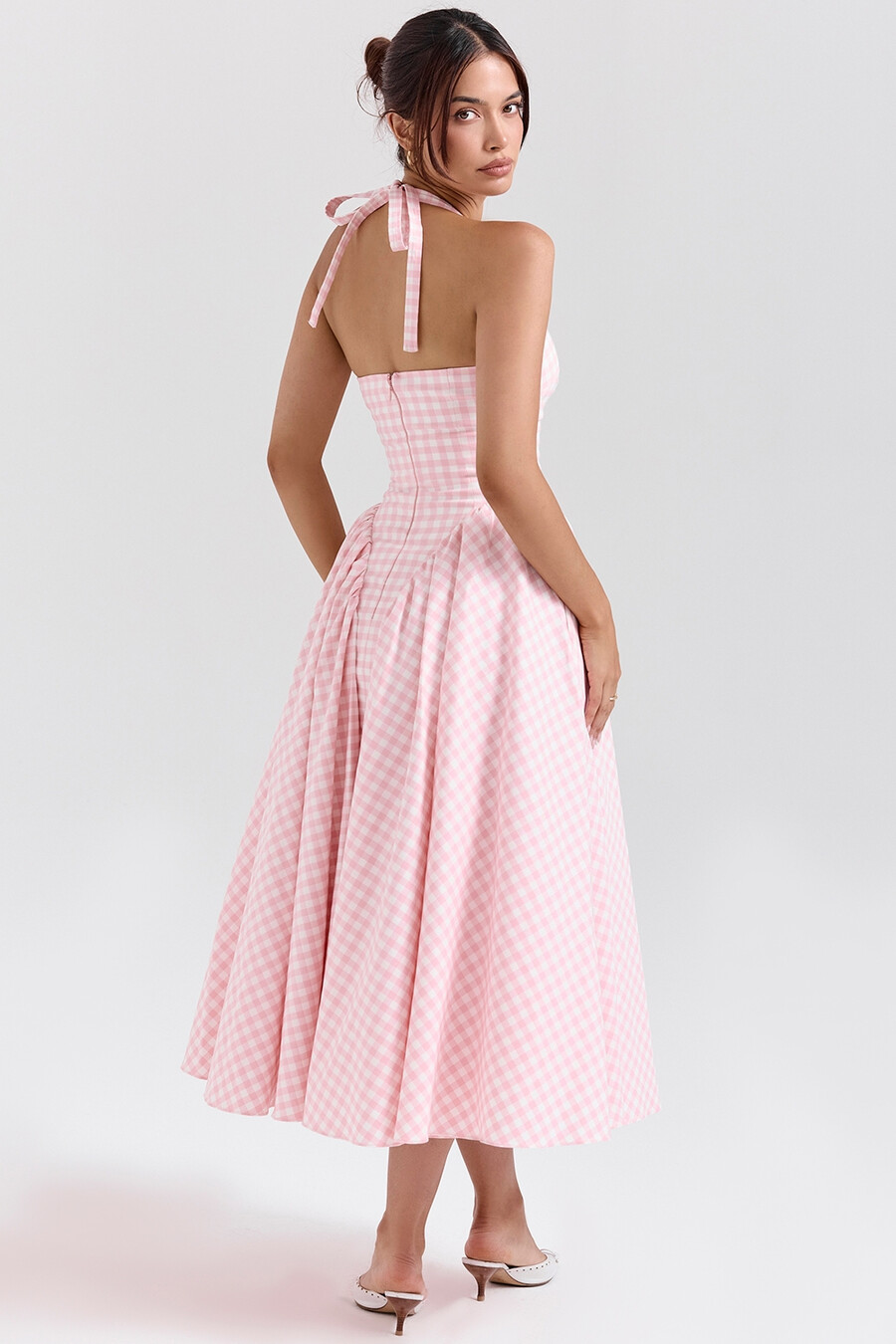 jordgubbs-shortcake gingham halter midi-sommarklänning