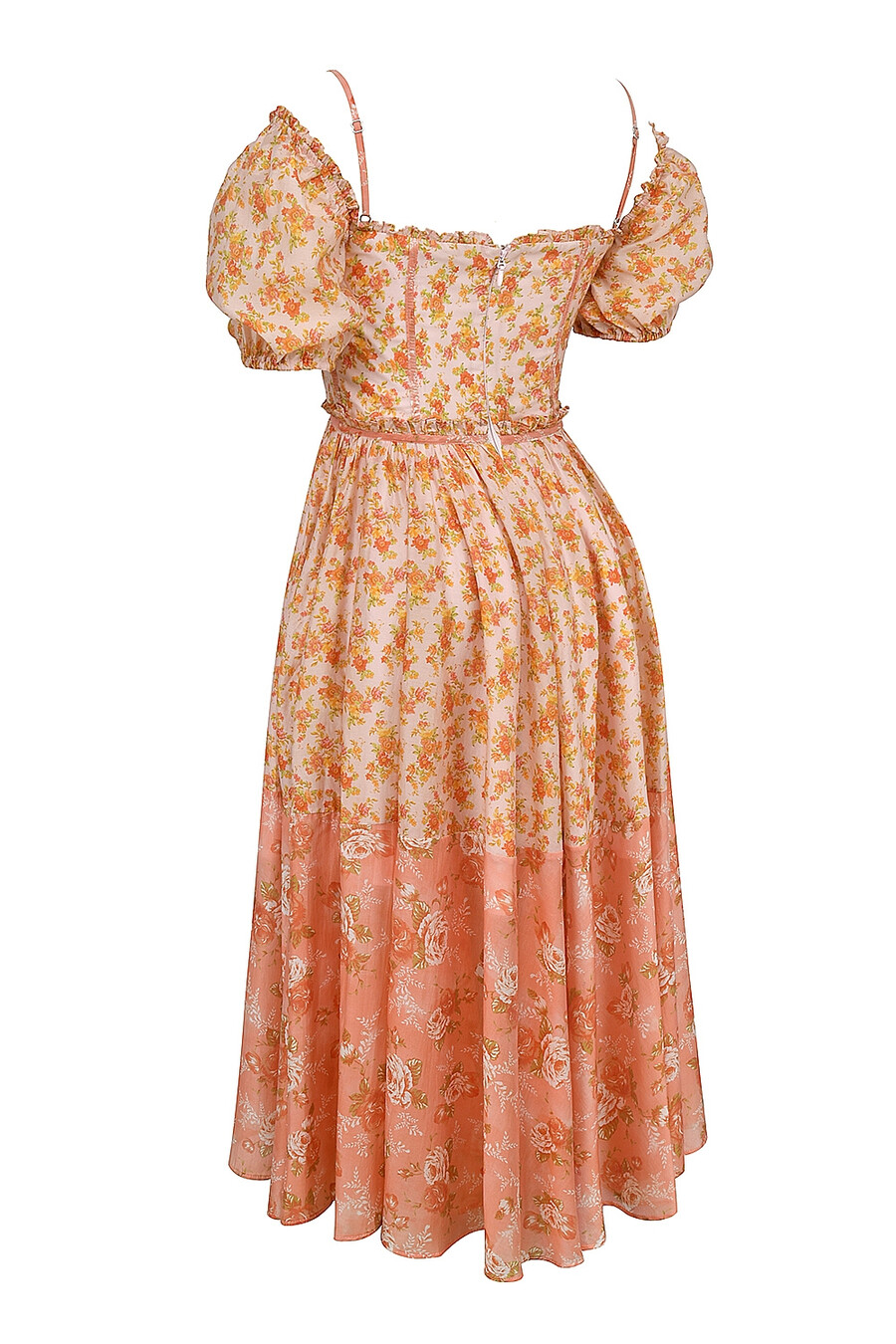 peach poppy print midiklänning med puffärm