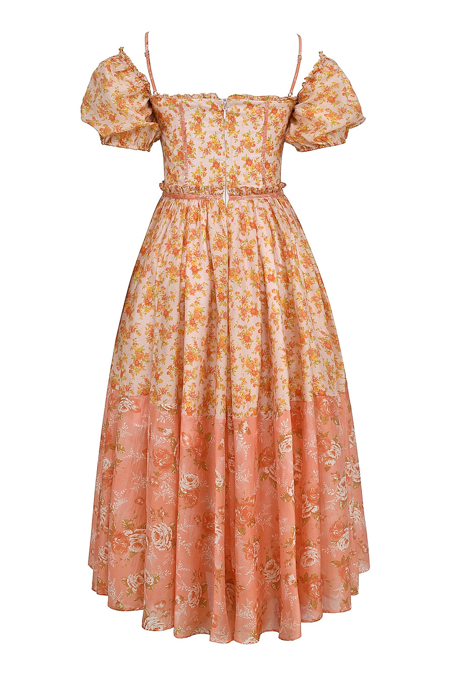 peach poppy print midiklänning med puffärm