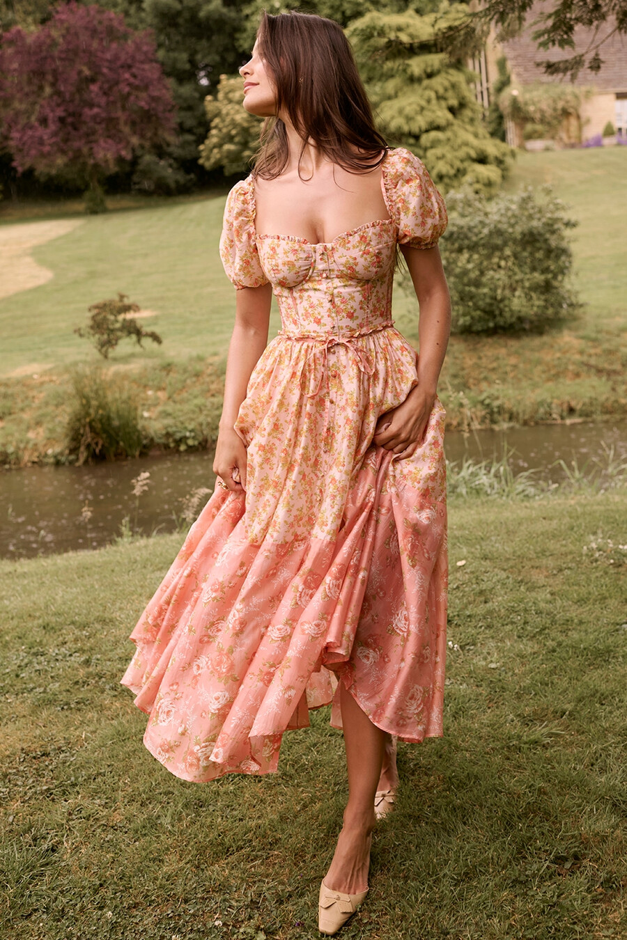peach poppy print midiklänning med puffärm
