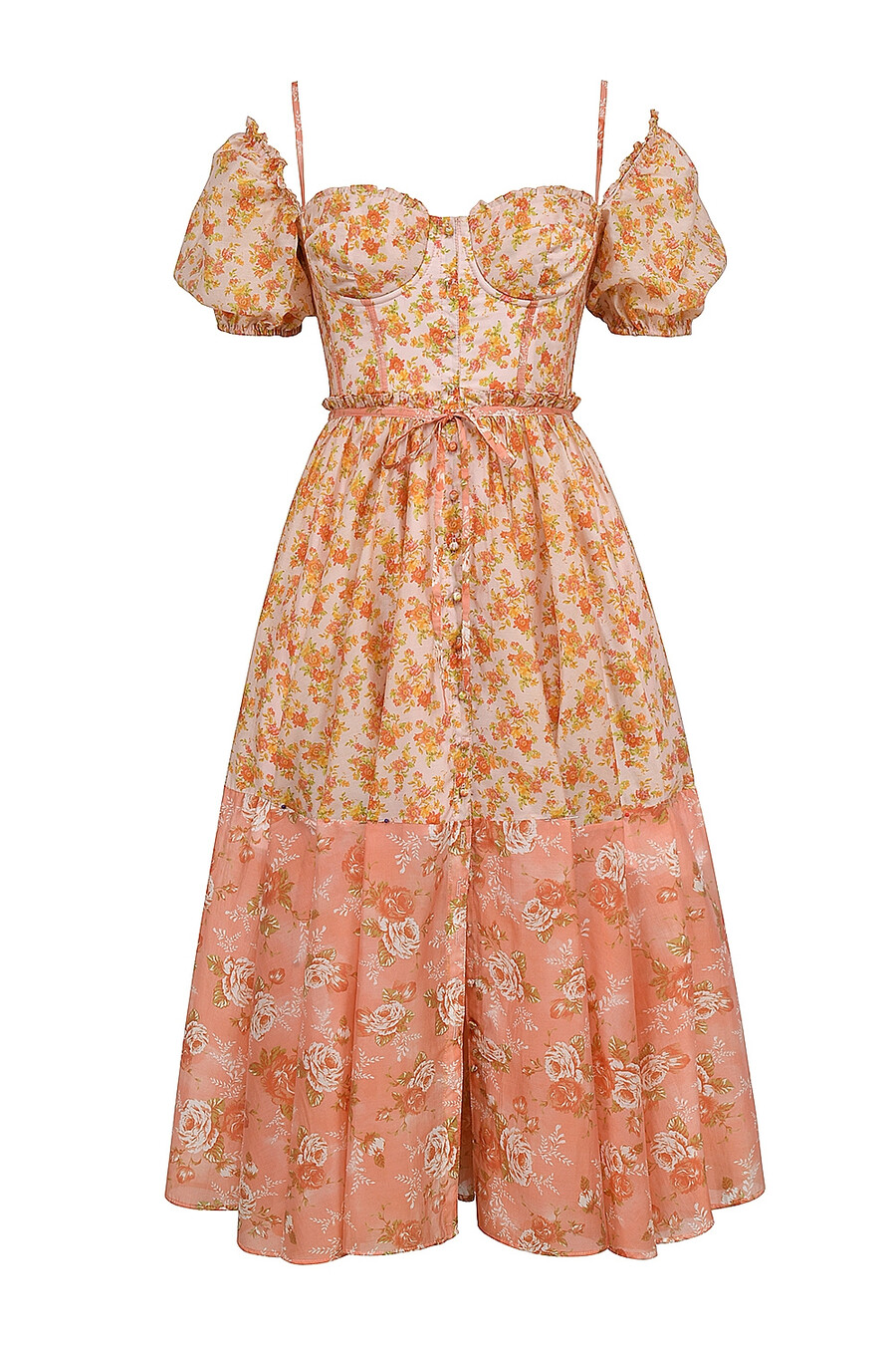 peach poppy print midiklänning med puffärm