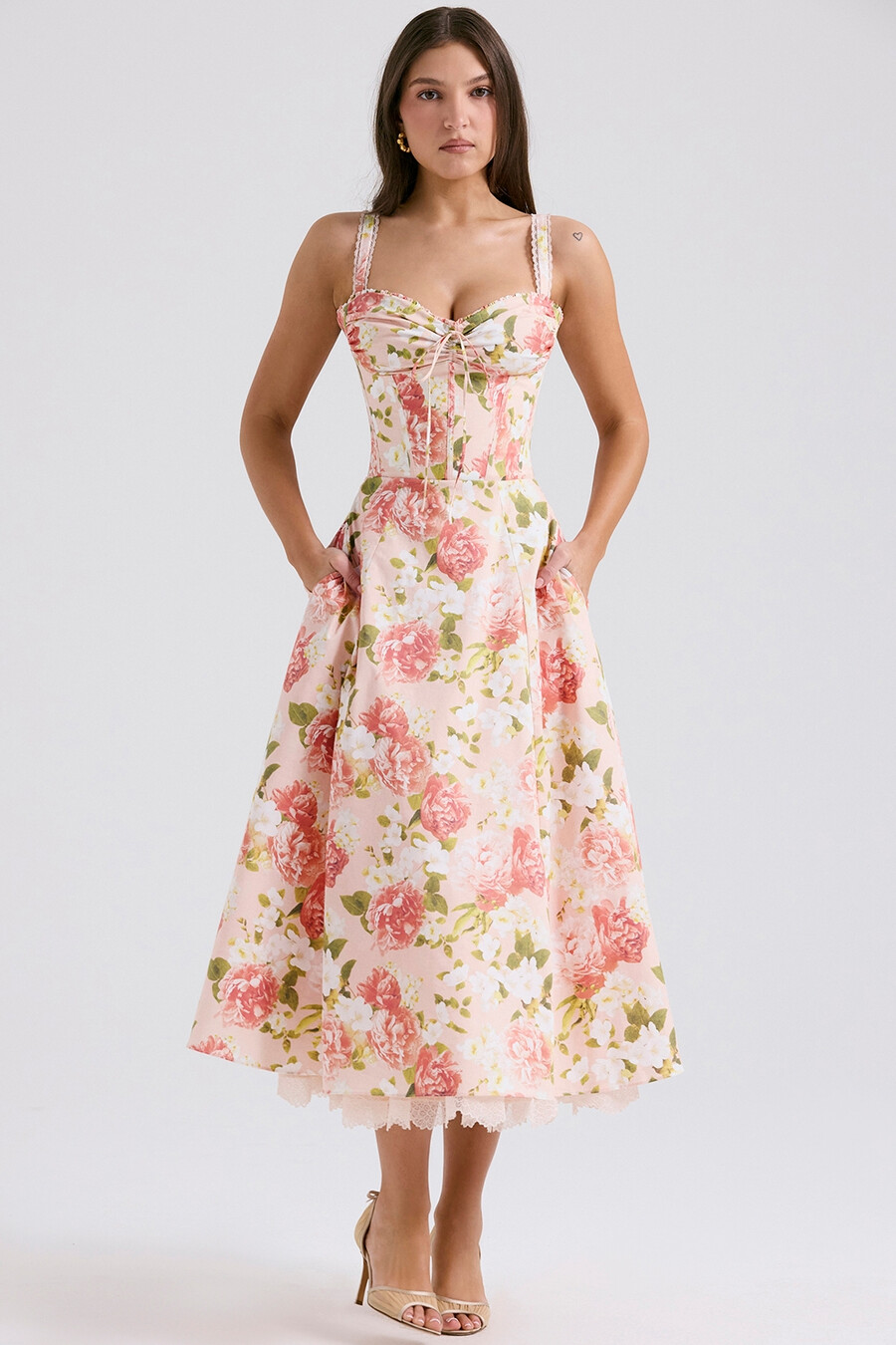 rosa pionmönstrad bomullsbustier-sommarklänning