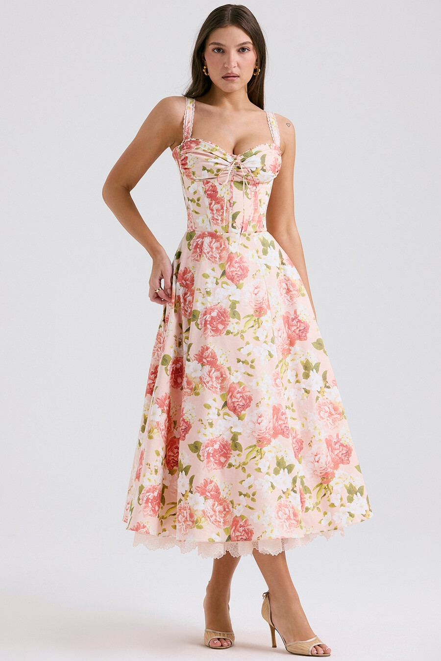 rosa pionmönstrad bomullsbustier-sommarklänning