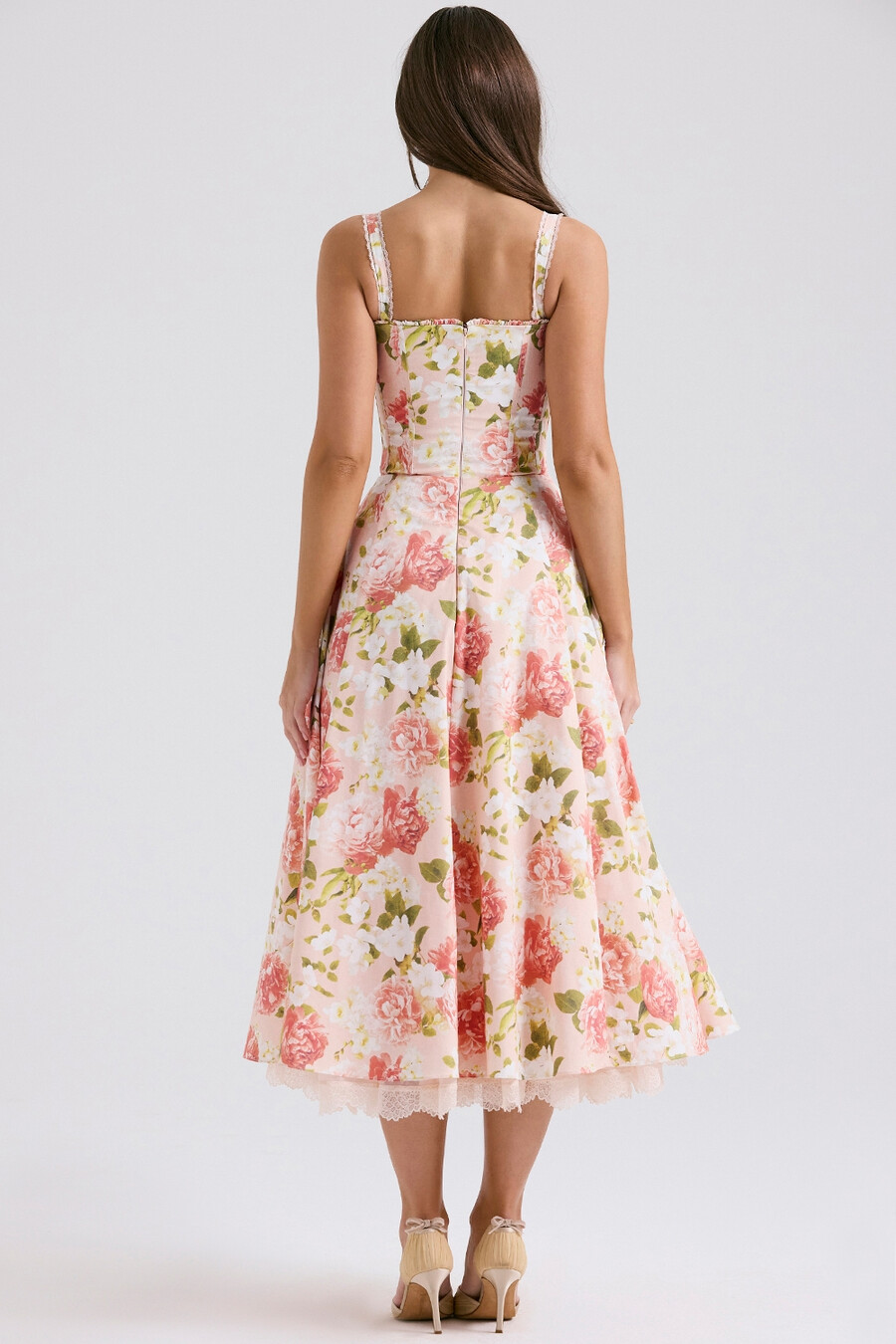 rosa pionmönstrad bomullsbustier-sommarklänning