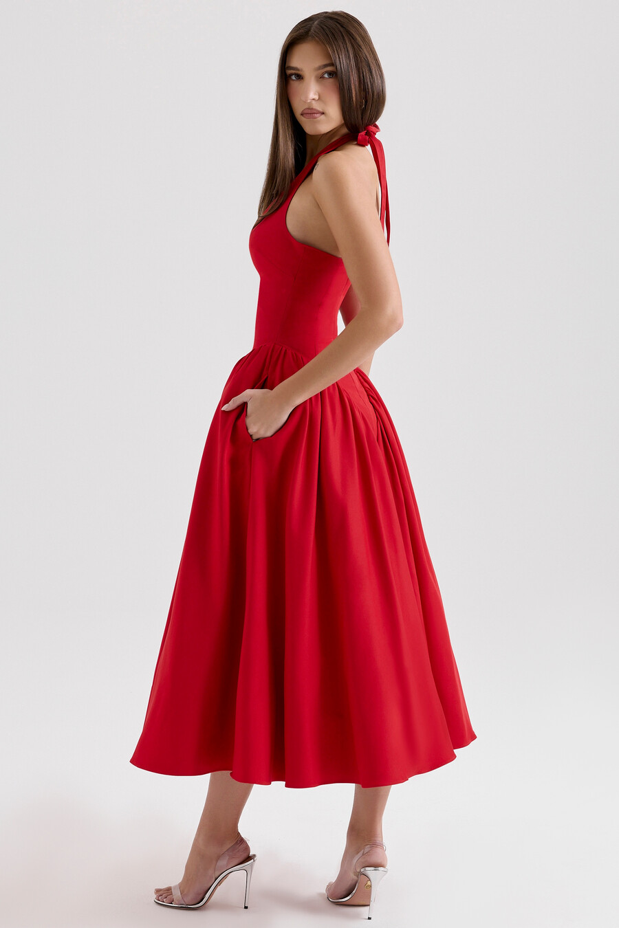 röd twill halterneck midiklänning