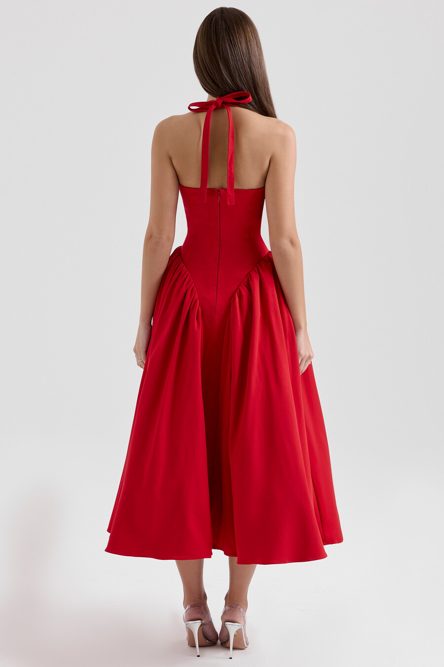 röd twill halterneck midiklänning