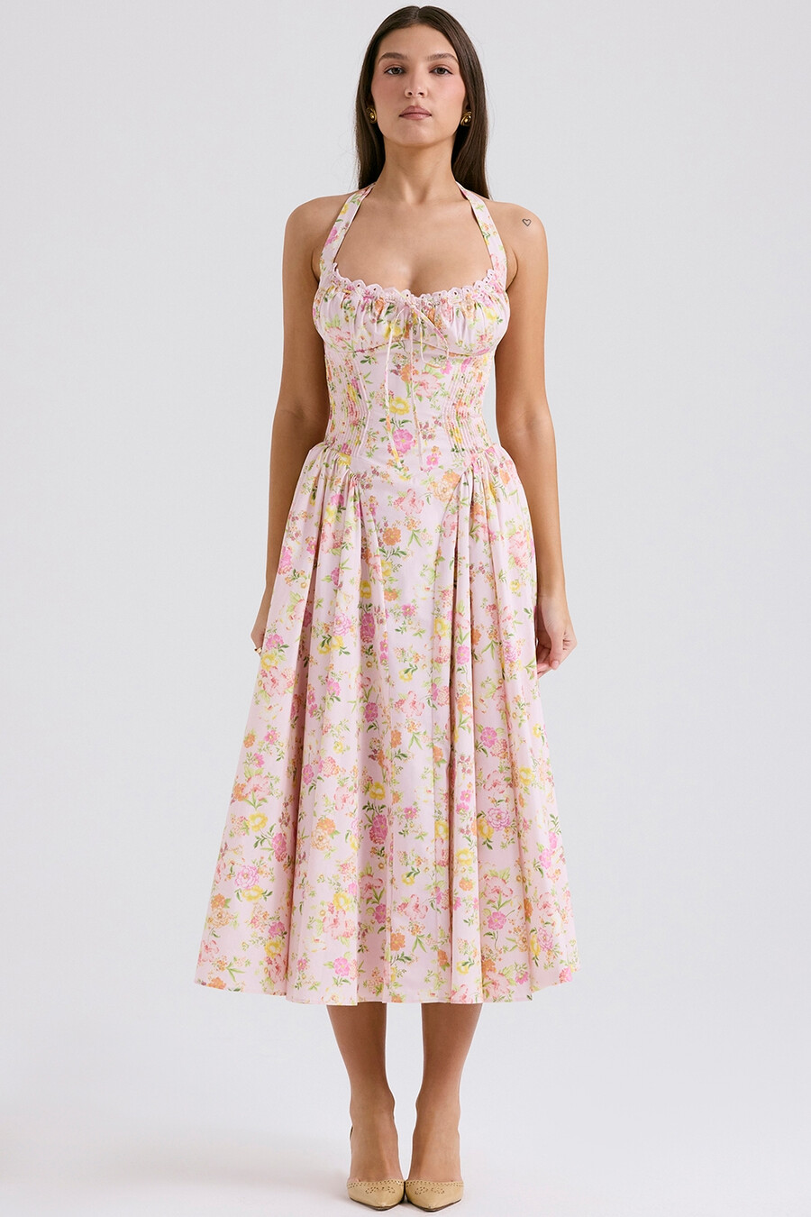 rosa Ängsmönstrad bomulls halter midi-summerklänning