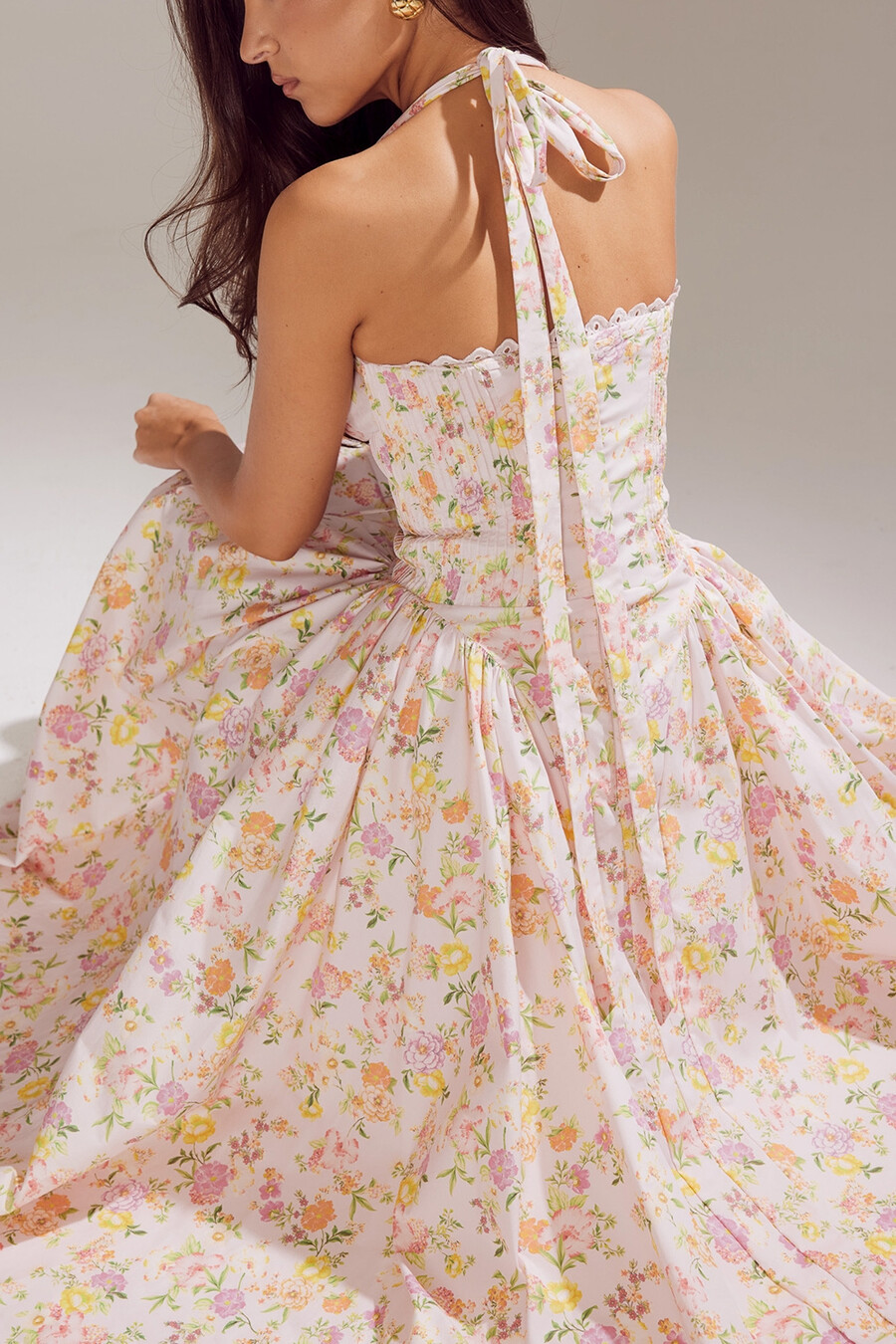 rosa Ängsmönstrad bomulls halter midi-summerklänning