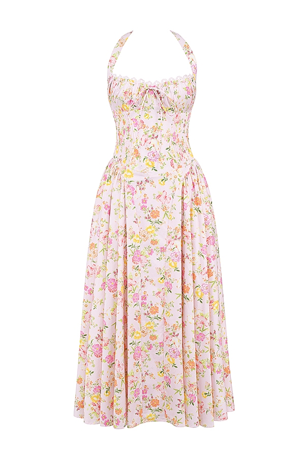 rosa Ängsmönstrad bomulls halter midi-summerklänning