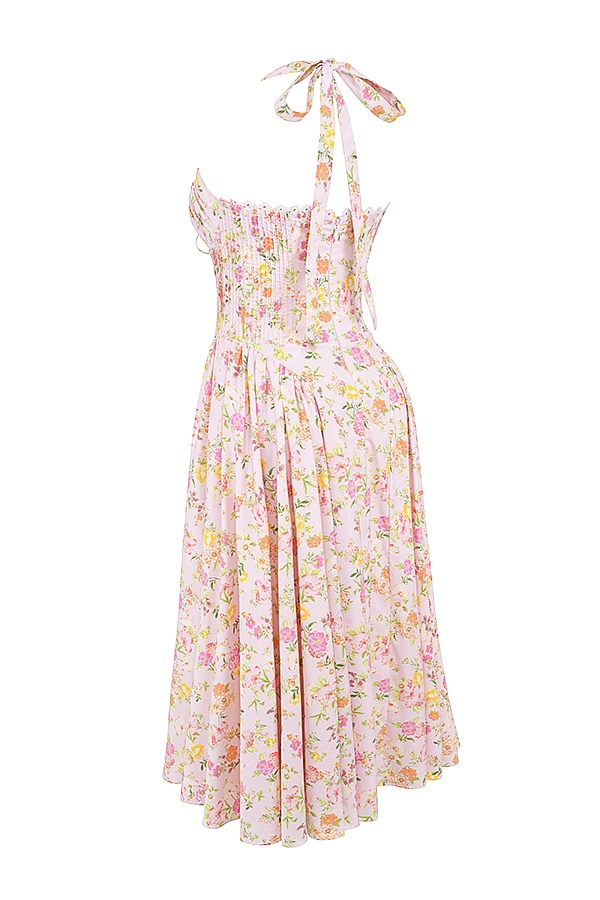 rosa Ängsmönstrad bomulls halter midi-summerklänning