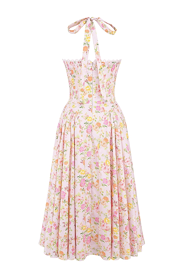 rosa Ängsmönstrad bomulls halter midi-summerklänning