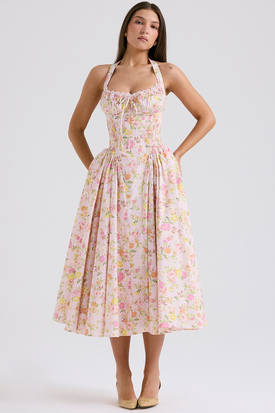rosa Ängsmönstrad bomulls halter midi-summerklänning