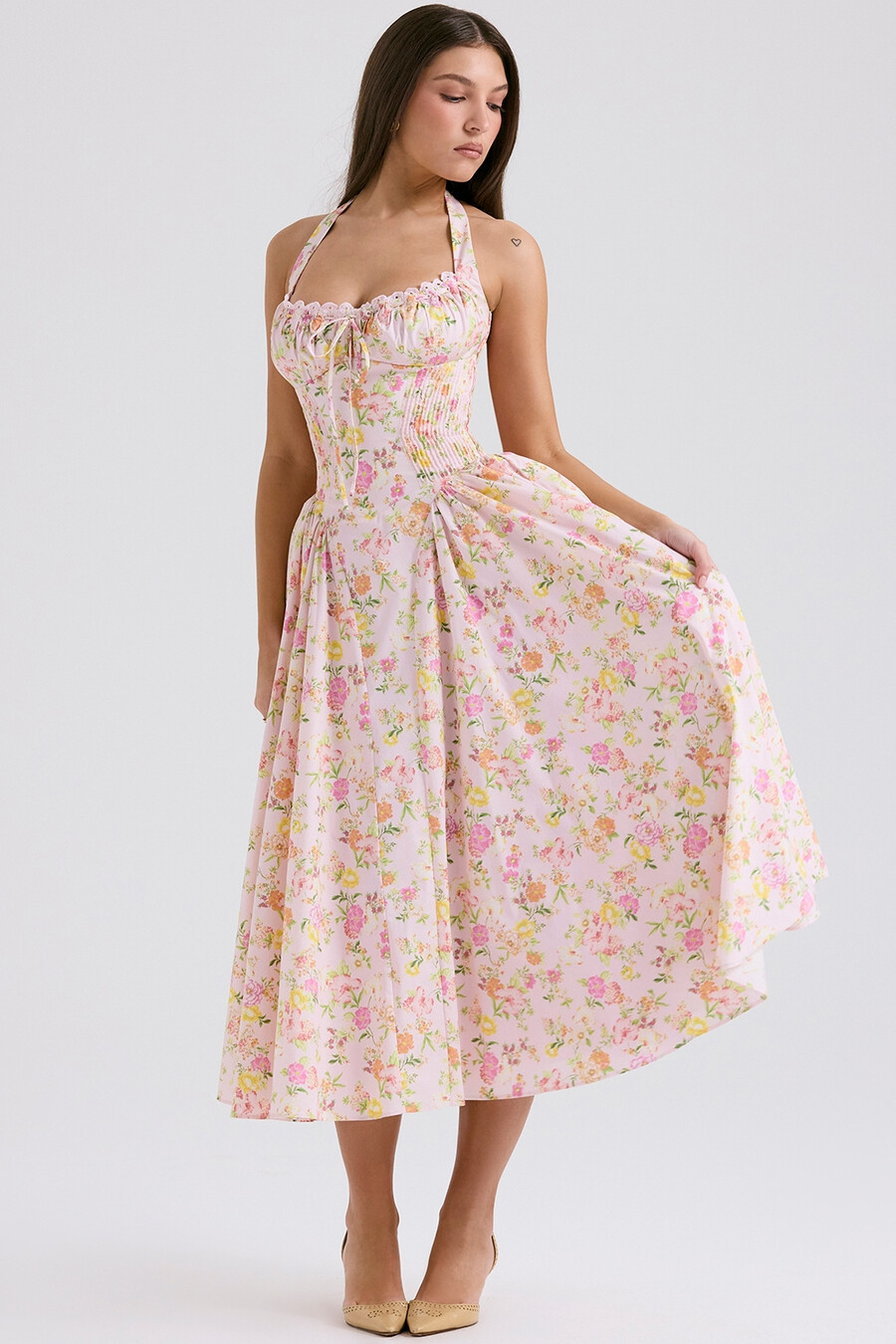 rosa Ängsmönstrad bomulls halter midi-summerklänning