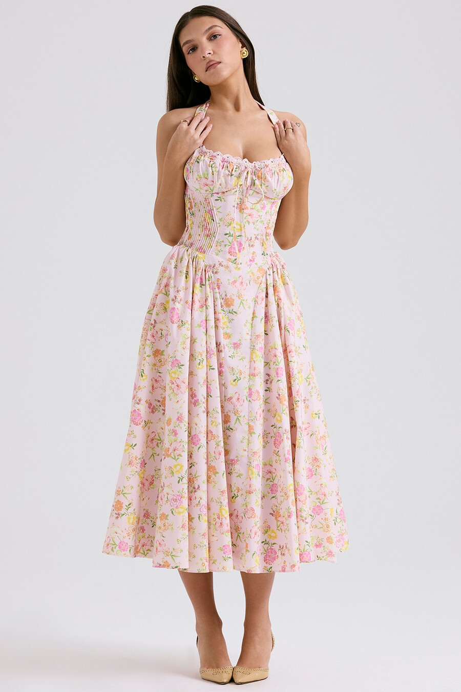 rosa Ängsmönstrad bomulls halter midi-summerklänning