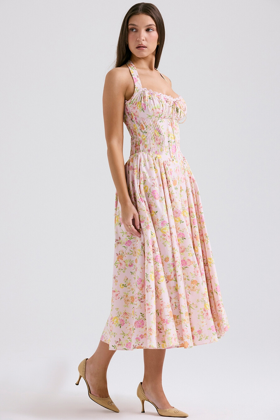 rosa Ängsmönstrad bomulls halter midi-summerklänning